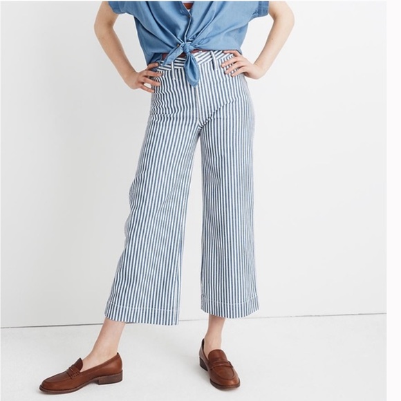 Madewell Pants - Madewell Blue/White Striped Wide Leg Cropped Pants